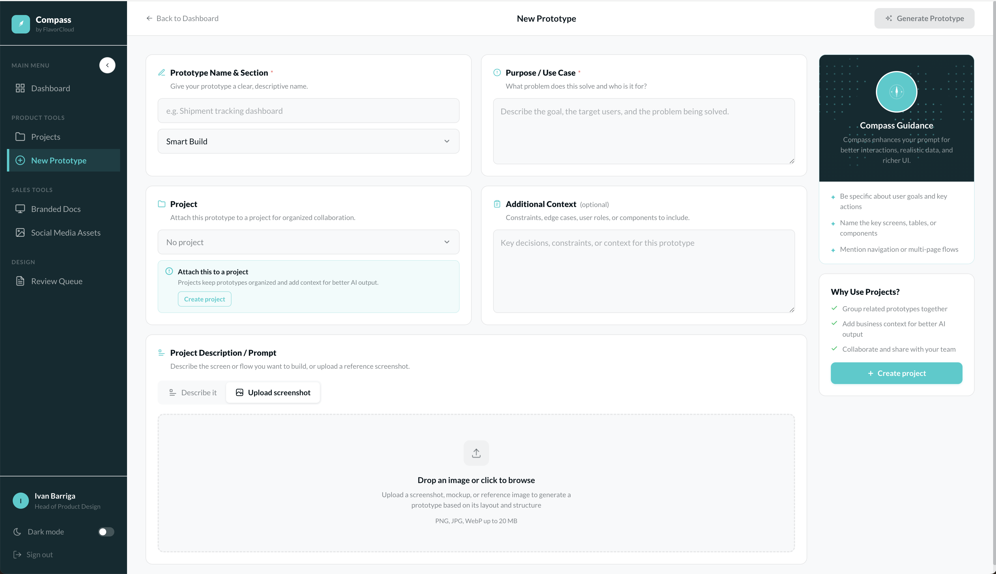 Compass Smart Build prototype generation screen.