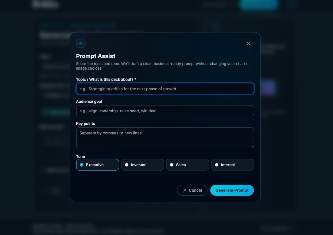 Brikks Studio AI prompt assist workspace.