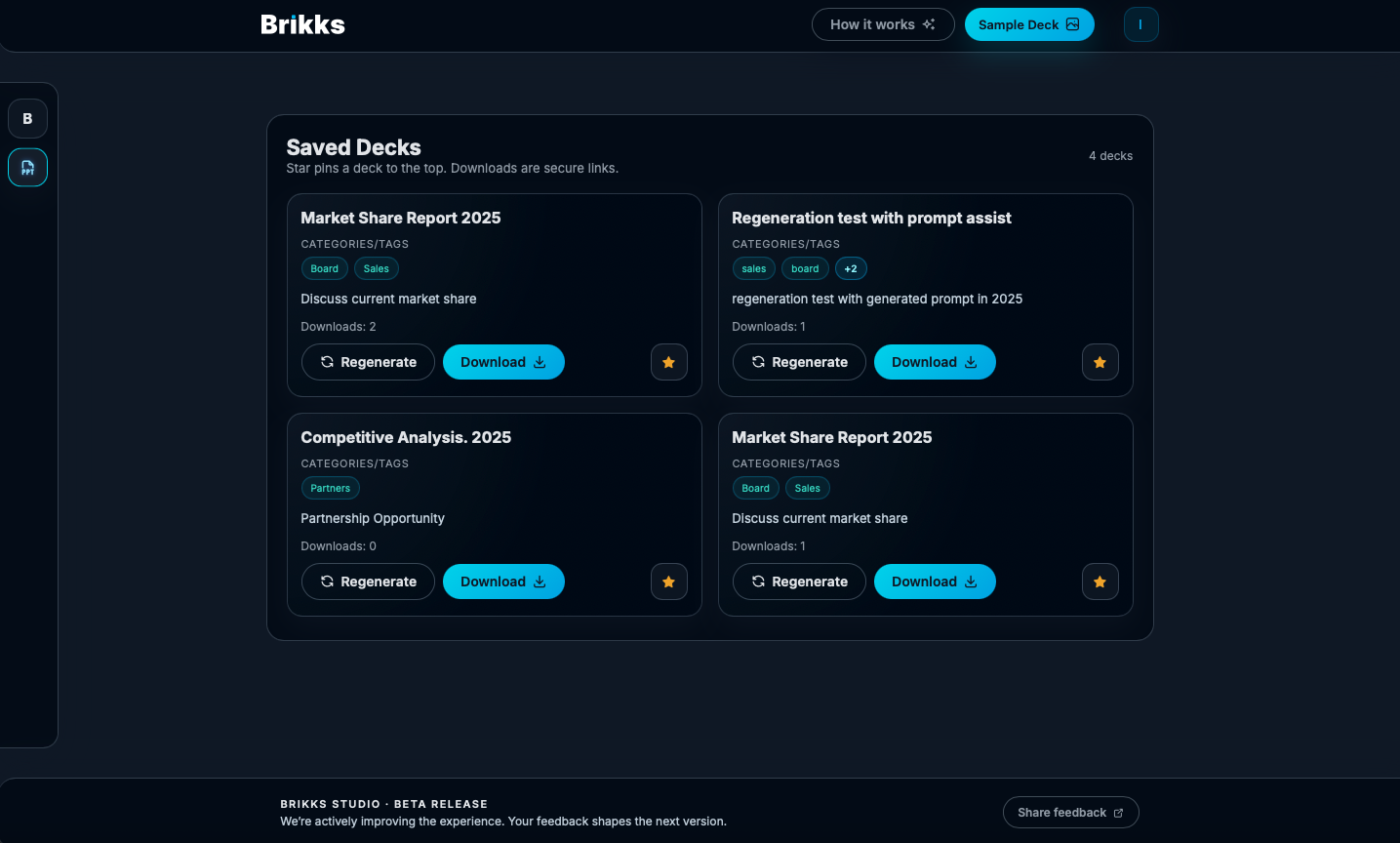 Brikks Studio AI saved deck library workspace.