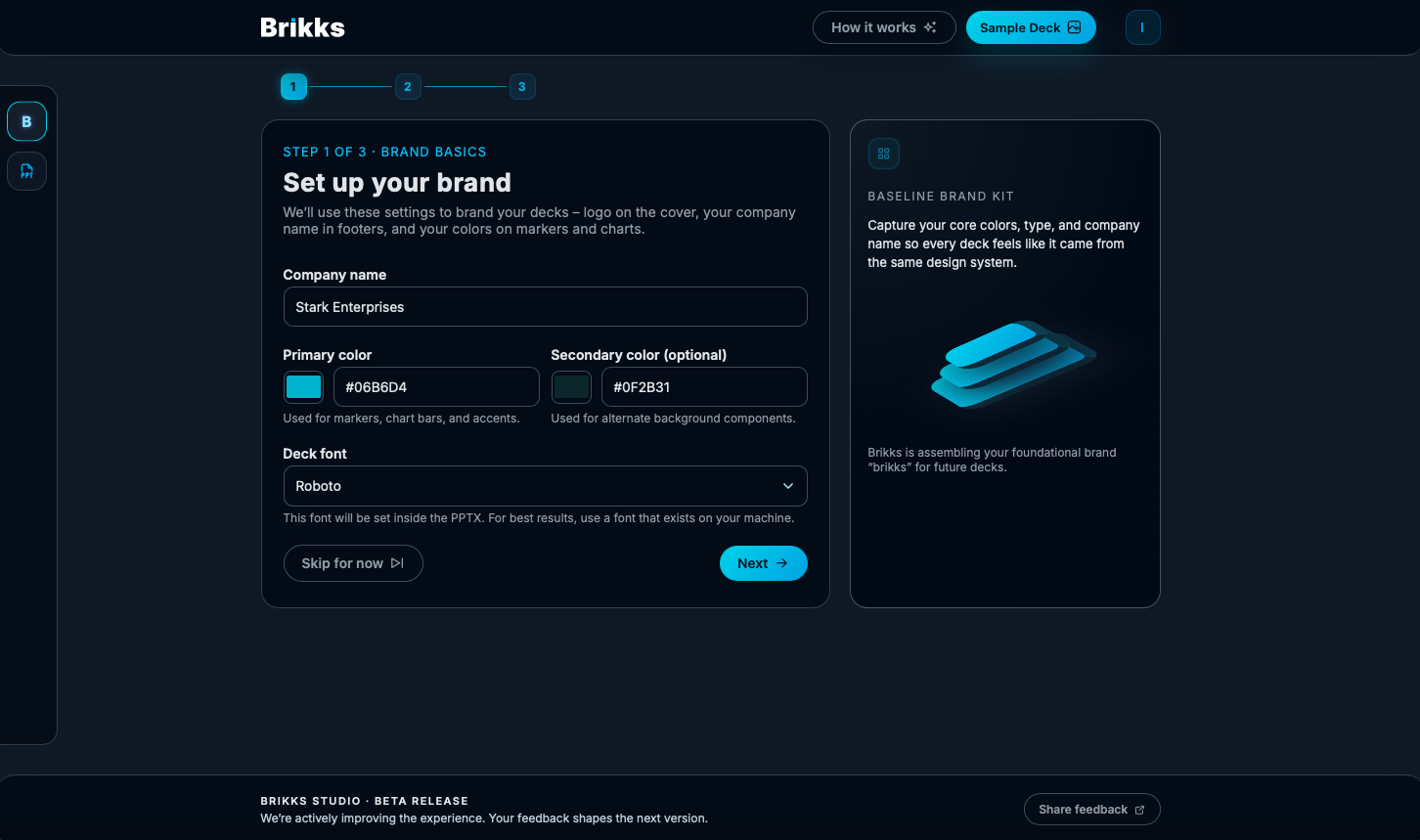 Brikks Studio AI brand foundation settings workspace.
