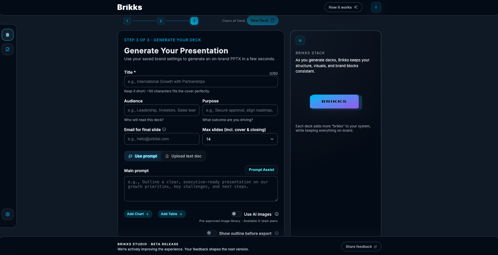 Brikks Studio AI presentation generation workspace.